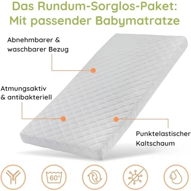 Kids Collective Babybett Kinderbett 60x120/70x140 cm umbaubar zu höhenverstellbares Lattenrost, 60x120 cm, Weiß mit Matratze von Geburt bis 3. Lebensjahr – Bild 2