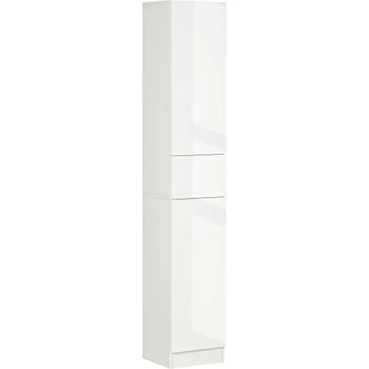 kleankin Badezimmerschrank, Hochschrank, Hochglanz, Badschrank mit Schublade, Aufbewahrungsschrank, Mehrzweckschrank mit Drucköffner, Kippschutz, Spanplatte, Weiß, 30 x 28 x 170 cm