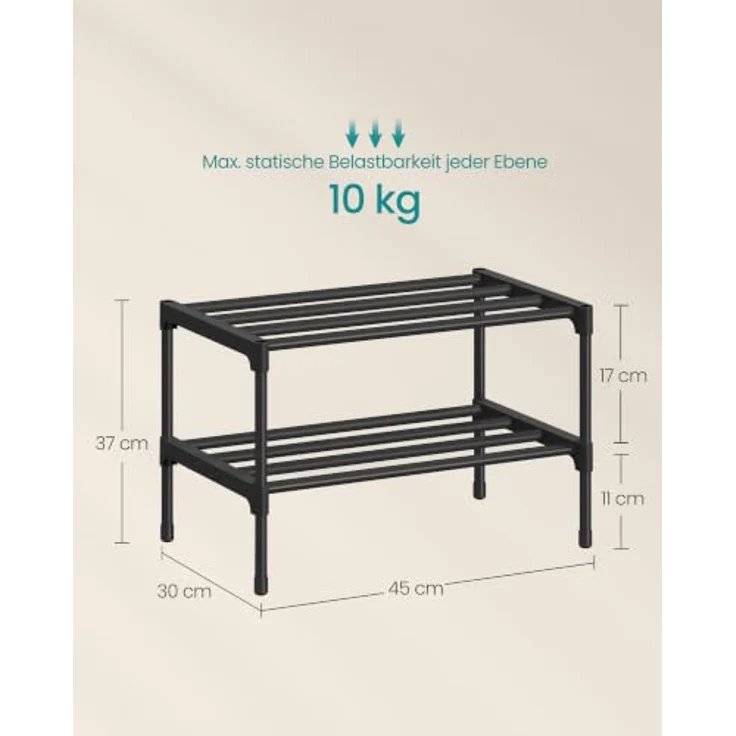 SONGMICS Schuhregal, 2 Ebenen, Schuhablage schmal, Schuh-Organizer Metall, Flur, Wohnzimmer, Kleiderschrank, platzsparend, stapelbar, 30 x 45 x 31 cm, schwarz LSA112BH01 – Bild 3