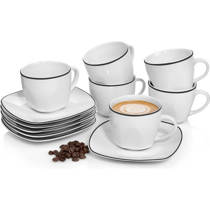 SÄNGER Kaffeeservice Bilgola Black Rim Tassen Set (12-tlg), 6 Personen, Porzellan, 150ml, ⌀8x8cm, spülmaschinengeeignet, Premium Collection – Bild 1