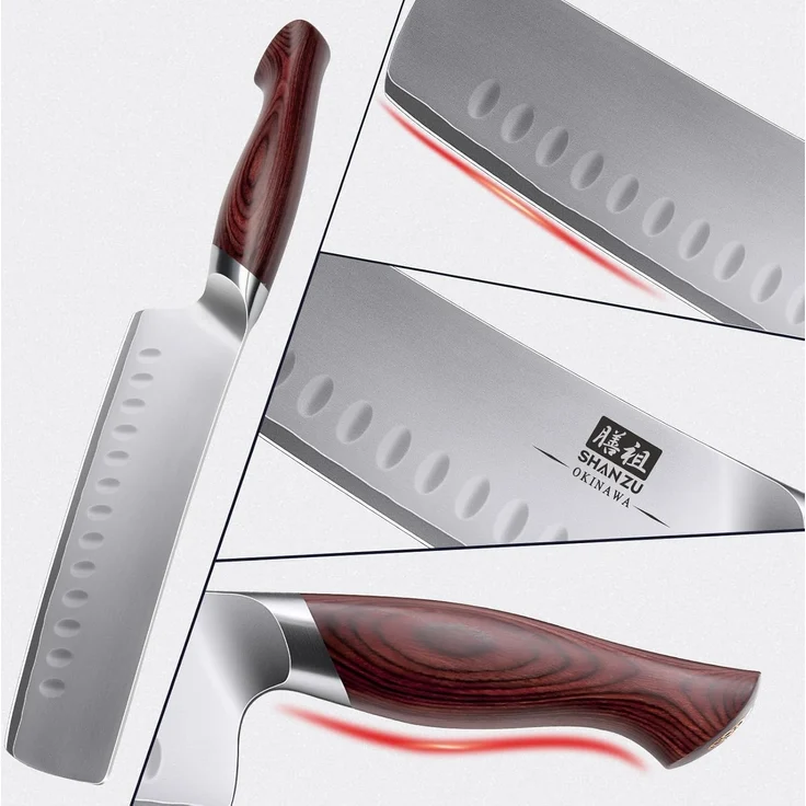 SHAN ZU Nakiri Messer 18cm, Japanisches Hackmesser für Fleisch & Gemüse, Küchenmesser mit Scharfer Klinge aus 10Cr15Mov Kohlenstoffstahl und Ergonomischem Pakkaholz Griff – OKINAWA-Serie – Bild 5