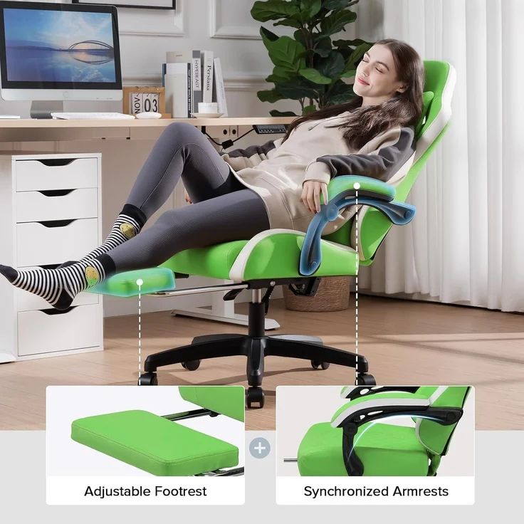 GTPLAYER Gaming Stuhl Ergonomischer Gaming Sessel Schreibtischstuhl Kunstleder, Federsitzkissen, Verbindungsarmlehnen und Fußstütze 150KG, grün – Bild 5