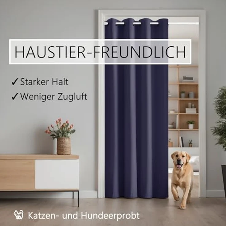 tinycurtains Türvorhang mit Stange weiß 70-120 cm Thermo Vorhang ohne Bohren, blickdicht, Ösen, verdunkelnd, Polyester, dunkelblau Ocean, Türgardine mit Klemmstange Raumtrenner Vorhang Tür – Bild 10