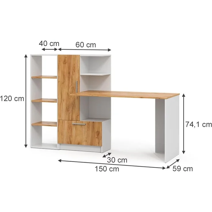 Schreibtisch Tomy Weiß/Goldkraft Eiche 150 x 59 cm 2er Set Vicco – Bild 3