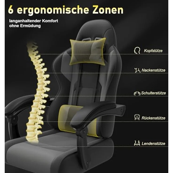 JUMMICO Gaming Stuhl mit Massagefunktion & 135° Rückenlehne, Ergonomischer Bürostuhl für Gaming und Homeoffice, Gaming Bürostuhl Belastbar bis 150 kg, Grau – Bild 4