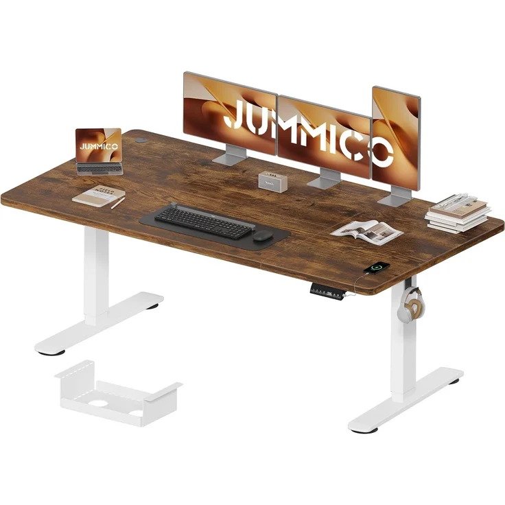 JUMMICO Höhenverstellbarer Schreibtisch 180×80 cm mit Kabelwanne & USB-A | Elektrisch Schreibtisch Höhenverstellbarer mit 18 mm Tischplatte, 3 Memory-Steuerung,Sitz‑Erinnerung Computertisch,Braun