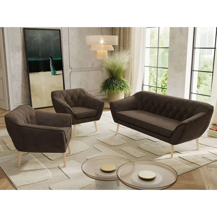 Wohnzimmerset PIRS 1-1-3, Skandinavisches 3-Sitzer Sofa mit Sesseln, Sofa mit Wellenfederung, Buche Füße, Skandinavisches Möbelset - Braun Velvet – Bild 3