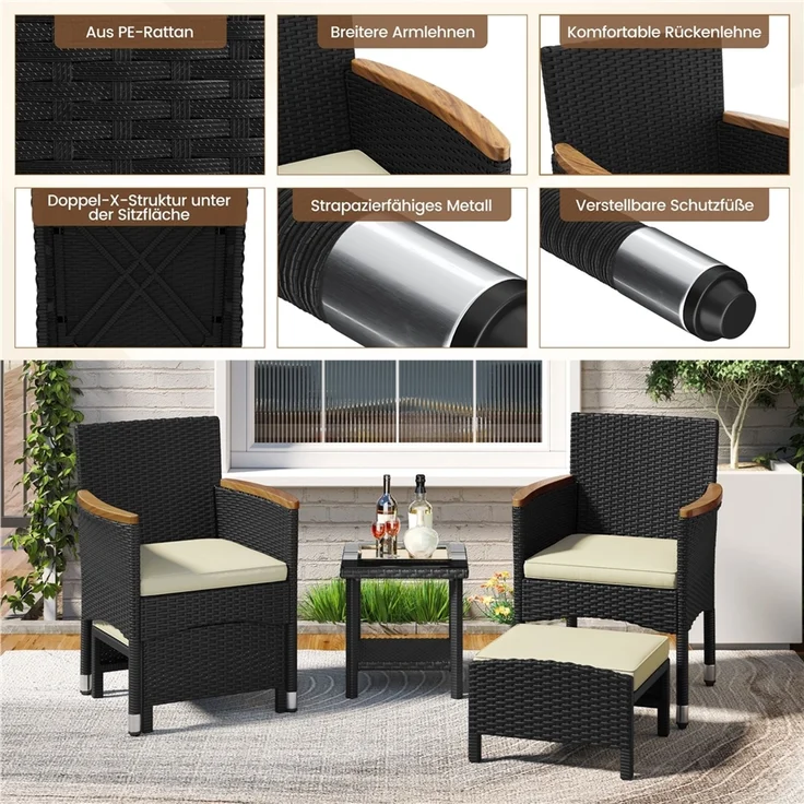 Yaheetech Gartenlounge-Set mit Sessel, Fußhocker & Kaffeetisch, Rattan-Optik, Schwarz & Beige – Bild 5