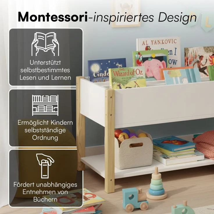 Bellabino 'Teme' Kinderbücherregal, weiß, 80x40x44 cm, Holz, Montessori Kinderregal mit 4 Fächern und Ablagefläche – Bild 3