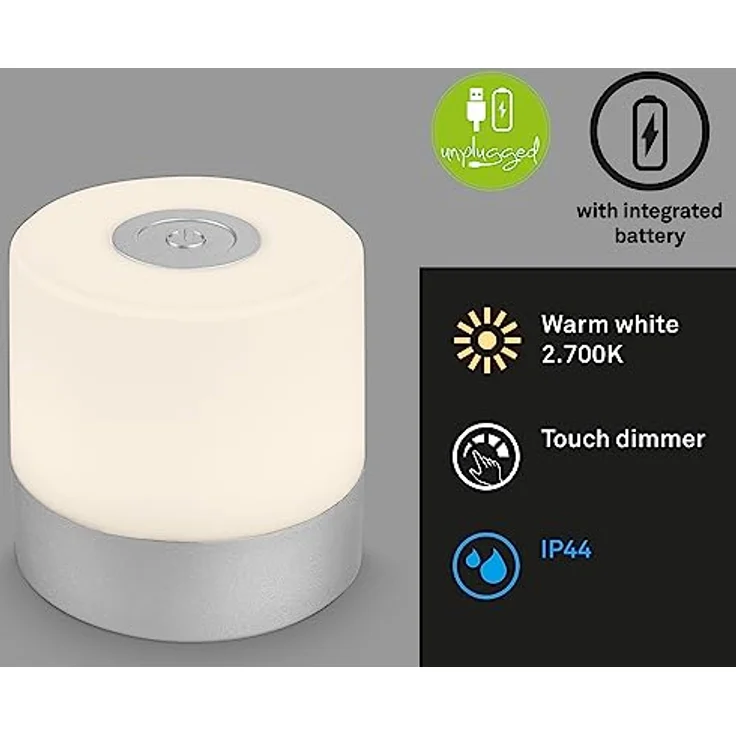 BRILONER – Mini LED Tischlampe Kabellos, Dimmbare Nachttischlampe Touch, Schreibtischlampe, USB-C, Camping Lampe, Warmweißes Licht, 7x7 cm, Silberfarbig, Chrom-matt – Bild 2
