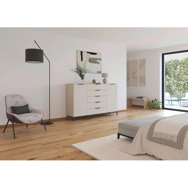 Rauch Möbel Flipp, Nachttisch für Schlafzimmer, Kinderzimmer, Wohnzimmer, Flur, Garderobe, 2-türig, 5 Schubladen, mit Softclose-Funktion, Griffe und Metallkufe Graphit, Farbe Beige, Breite 180 cm – Bild 2
