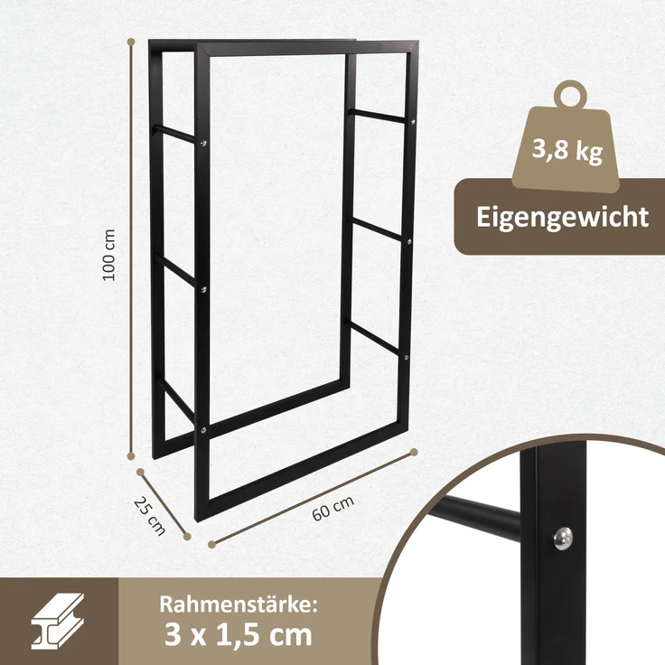 Kaminholzregal schwarz, Metallregal 60x25x100 cm, Brennholzregal – Bild 2