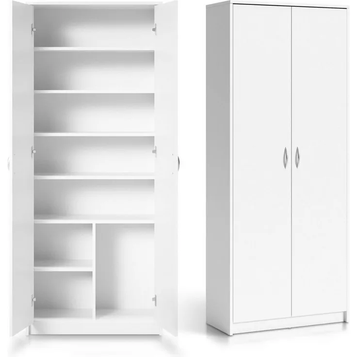 Schrank Mehrzweckschrank weiß 74cm Breite 180cm Höhe mit sechs Einlegeböden und Extra-Fach, Aktenschrank Haushaltsschrank Organizer aus MDF Holz