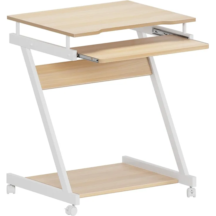 SogesHome Schreibtisch Klein Computertisch mit 4 Rollen 2 Davon mit Bremsen PC-Tisch in Z-Form mit Tastaturauszug für Zuhause und Büro, 60x48 cm