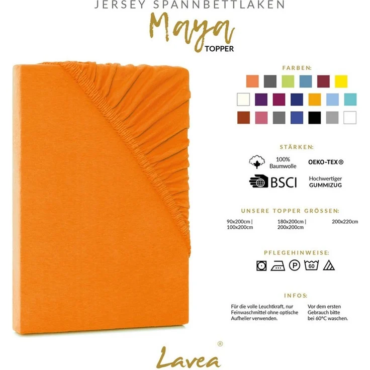 Lavea Spannbettlaken Bettlaken Maya, 180x200cm, 200x200cm, 140x200cm, 160x200cm, 100% Baumwolle Jersey, Gummizug: rundum, (1 Stück), für Matratzen, Topper, Boxspring- und Wasserbetten, weich, langlebig – Bild 3