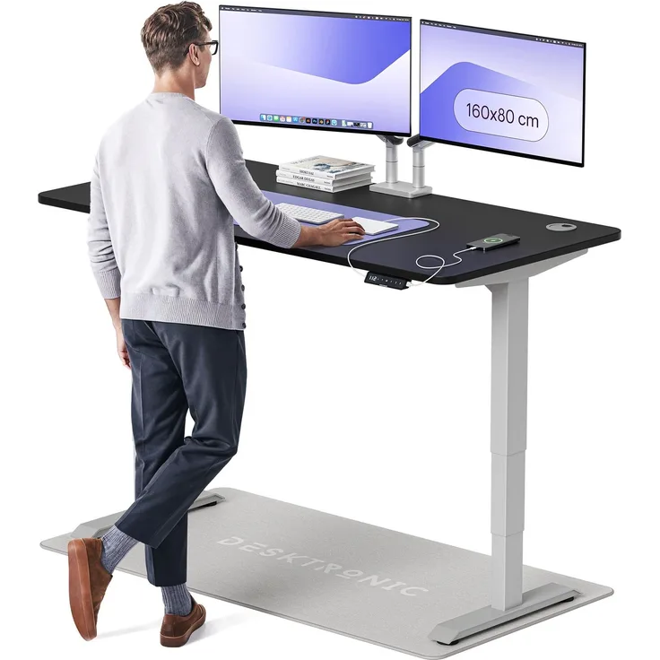 Desktronic HomePro Elektrisch höhenverstellbarer Schreibtisch 160x80cm Grau/Schwarz mit Memory-Funktion, Anti-Kollisions Technologie, USB-A und USB-C-Ladeanschlüssen