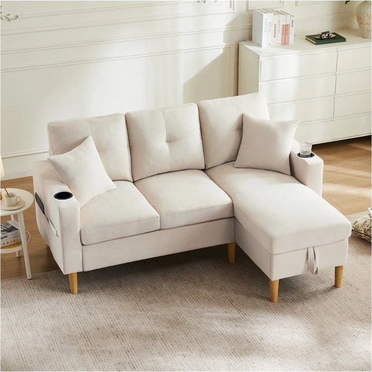 Merax 3-Sitzer Ecksofa Eckcouch in L-Form Eckgarnitur, L-förmiges Sofa aus Baumwoll- und Leinenstoff, 175*129*90cm 1 Teile, 3-Sitzer-Sofa mit integriertem Stauraum, Getränkehaltern und 2 Kissen – Bild 3