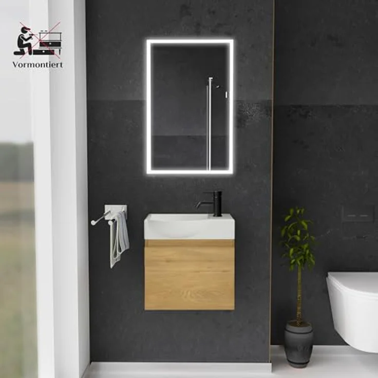 Alpenberger Badmöbel-Set - Gäste WC Waschbecken mit Unterschrank 45 cm Breit, (Badschrank 2-tlg, Waschtisch hängend), Waschbeckenunterschrank mit Softclose - Eiche Natur - Links Becken – Bild 3