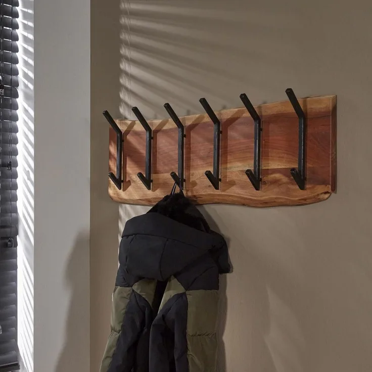 Garderobe aus massivem Akazienholz, modern mit Baumkante, 6 Haken, Natur, Wandmontage