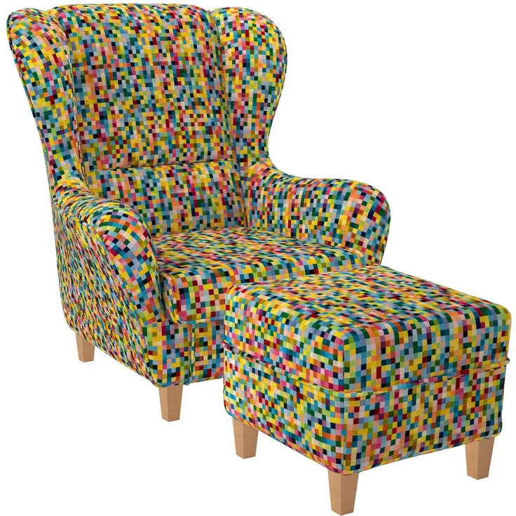 Supellex Sofia Ohrensessel mit Hocker | Design Pixel, kariert, bunt fancy