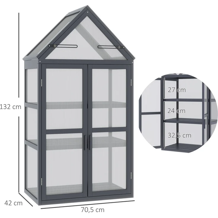 MELAYR, Frühbeet Mini Gewächshaus 3 Ebenen Treibhaus Pflanzenbeet mit aufklappbarem Dach, 70.5 x 42 x 132 cm, Grau – Bild 5