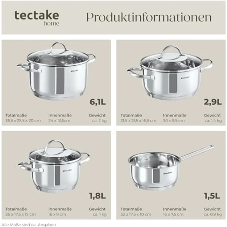 tectake Topf-Set Kochtopfset, Edelstahl, 7-teilig, aus Edelstahl, für Induktion geeignet – Bild 7