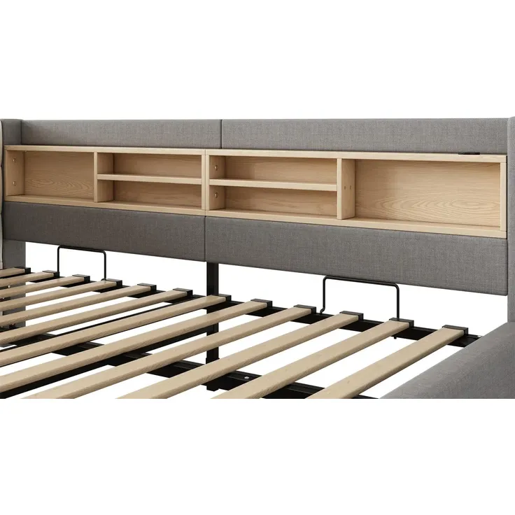 Polsterbett mit LED-Streifen, Lattenrost, Regal, Aufbewahrung, Type-C und USB, gepolsterter Kopfteil, 90x200 cm, Schlafsofa, Tagesbett, Leinen – Bild 9