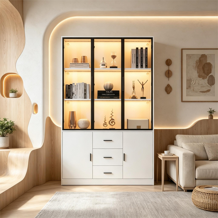 ZUBALIYA Vitrine mit Glasschrank Tür und LED-Licht, Vitrinenschrank Glasvitrine mit MultiStorage Bücherregal, Highboard Sammlervitrine mit Griff, 3 Schubladen & Türen, Wohnzimmerschrank, Weiß – Bild 5