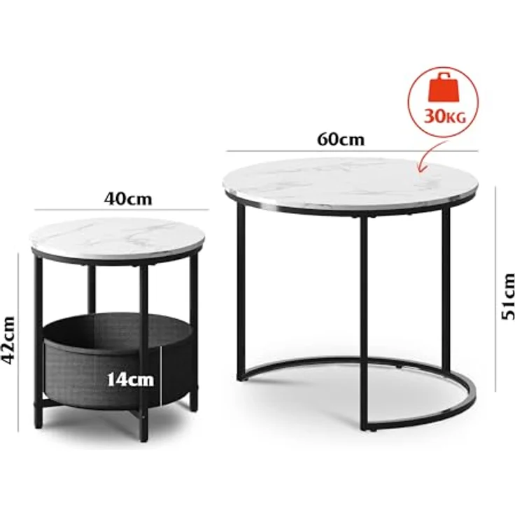 WLIVE Couchtisch 2er Set, Beistelltisch Rund mit Stauraum, Wohnzimmertisch Holz mit Metallrahmen, Sofatisch für Wohnzimmer Schlafzimmer, (Marmor Weiß, 60 cm und 40 cm Durchmesser) – Bild 4