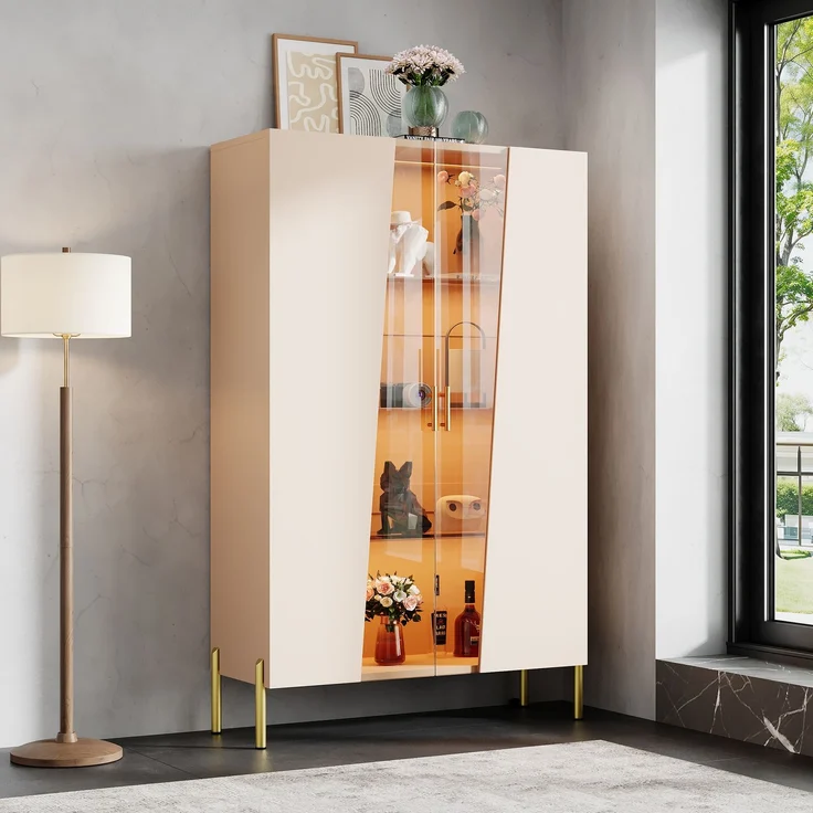 ZUBALIYA LED-Beleuchteter Glasschrank 72 x 40 x 145 cm, mit asymmetrischer gehärteter Glastür, 3 Glasböden, Metallgriff und Metallfüßen, als Vitrine, Esszimmerschrank, Bücherregal,Beige – Bild 1