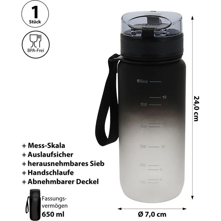 CEPEWA Trinkflasche Trinkflasche 1000ml PET PP PE 7,5x28cm schwarz weiß Handschlaufe Sieb – Bild 2