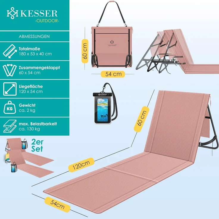 KESSER 2er Set Strandmatte mit verstellbarer Rückenlehne & Tragegurt, klappbar, max. 130 kg, wasserdichter Handyhülle & Tragetasche – Bild 2