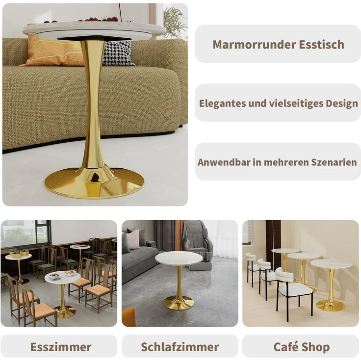 Novelux Runder Kaffeetisch Gold 70cm, Marmortisch Rund Weiß, Mid-Century Modern Esstisch für 2-4 Personen, Platzsparender Wohnzimmertisch – Bild 4
