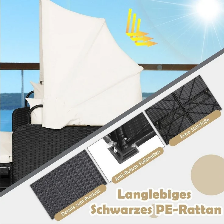 COSTWAY Loungebett, Rattan, 2-Personen, mit einziehbarem Sonnendach, Kissen – Bild 2
