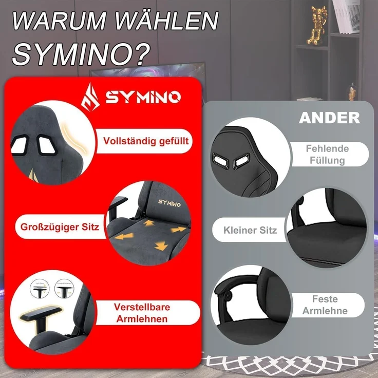 Symino Gaming Stuhl Bürostuhl Hochwertiger Stoff Ergonomisch Verstellbar Grau – Bild 6