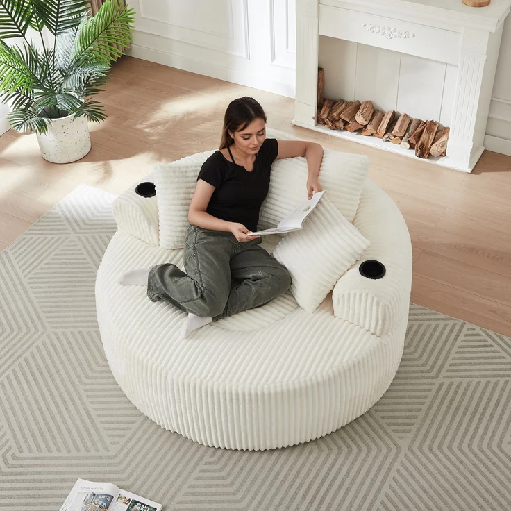 Rundes Loungesofa aus Cord, Einzelsitz Sitzsack Liegestuhl mit 3 Kissen, 2 Getränkehaltern, Seitenaufbewahrung, Rutschfest, Bequemes Relaxsofa für Wohnzimmer Schlafzimmer--Beige--146x29x32cm--YOUDENOVA – Bild 6
