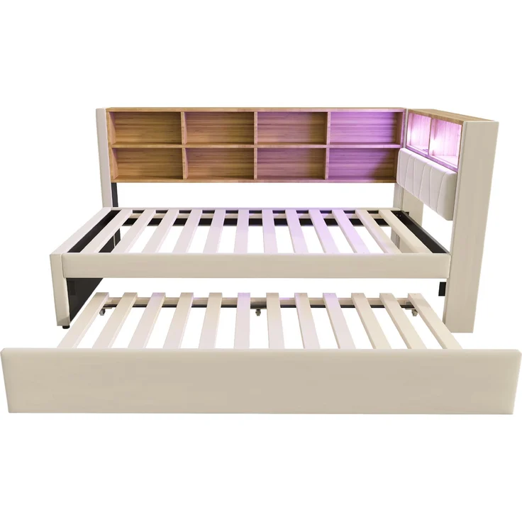 Bett 90x200 cm mit Ausziehbett 90x190 cm, Flanellbezug in Beige, mit Stauraum und LED-Beleuchtung – Bild 9