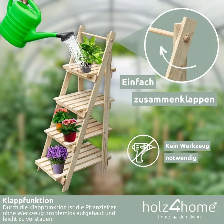 holz4home® Pflanzentreppe Pflanzleiter mit 4 Ablagen I Blumentreppe aus Tannenholz, Klappbar – Bild 4