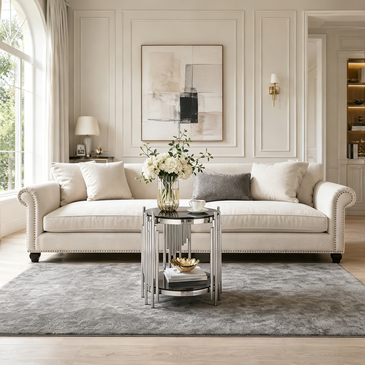 Beistelltisch rund H 55 x T 45 x B 45 cm mit 2 Ebenen, schwarzes gehärtetes Glas und Edelstahlgestell in Silber – Bild 3