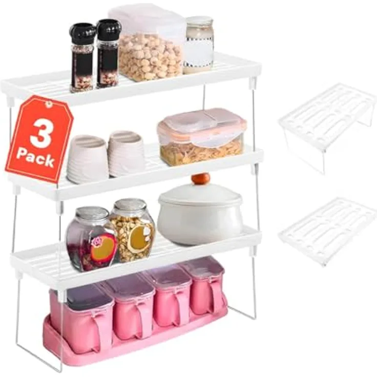 Avilia Set mit 3 platzsparenden Regalen, zusammenklappbar, weiß, ideal für Zuhause oder Büro, platzsparende Küchenablagen, einfach zu montieren und zu verstauen, 30 x 20 x 15,3 cm