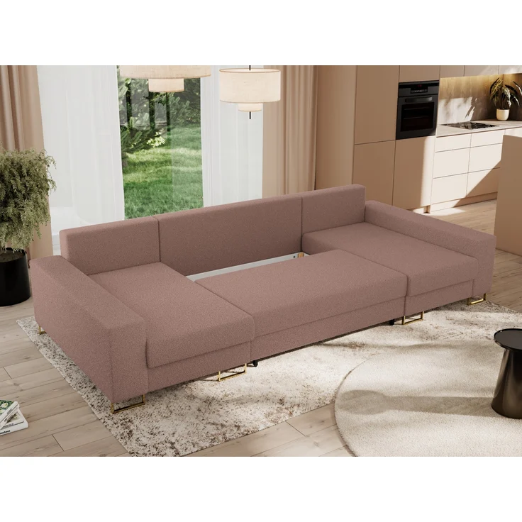 U-förmiges Ecksofa auf goldenen Metallbeinen, mit Schlaffunktion und drei Bettkästen für das Wohnzimmer - DORIAN U - Rosa Boucle – Bild 4