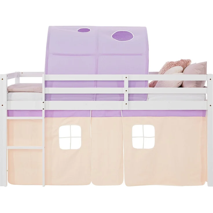 Hochbett Kinder 90x200 cm mit Lattenrost Kinderbett Kinderhochbett Stockbett Tunnel Vorhang Lila Peach Holz Massiv – Bild 4