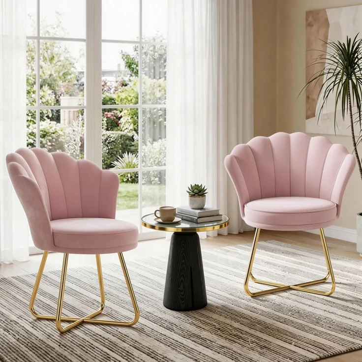 Hawthyhome Polsterstuhl Polstersessel 2er Set mit Blütenblatt-Rückenlehne, goldenen Metallbeinen, ergonomischer hoher Rückenlehne mit Kopfstütze, Wasserfall-Sitzkissen, SGS-zertifiziert & bis 150 kg belastbar, ideal für Esszimmer, Schminktisch & Wohnzi... – Bild 1