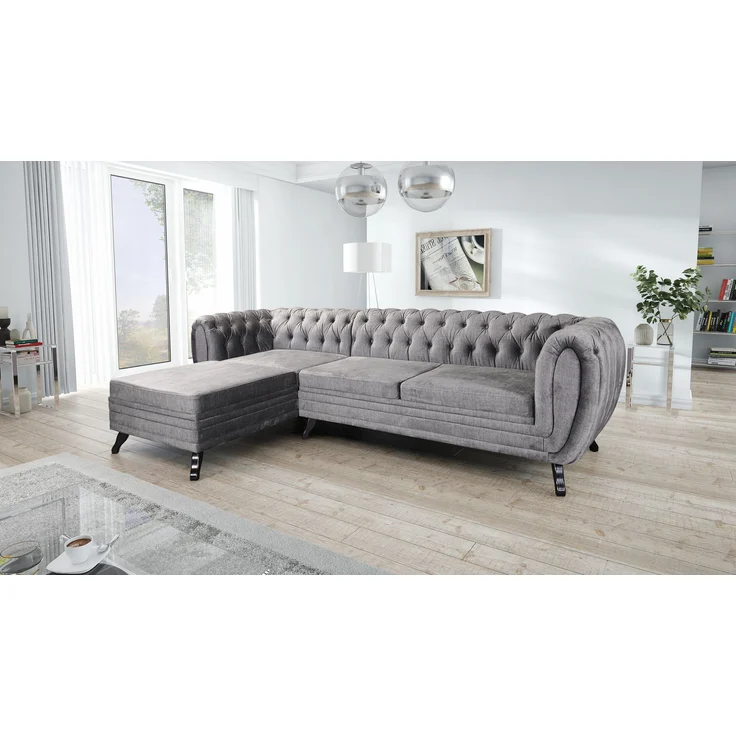 Edles Chesterfield Ecksofa Velours grau Couch Polstersofa Wohnlandschaft Sofa – Bild 7