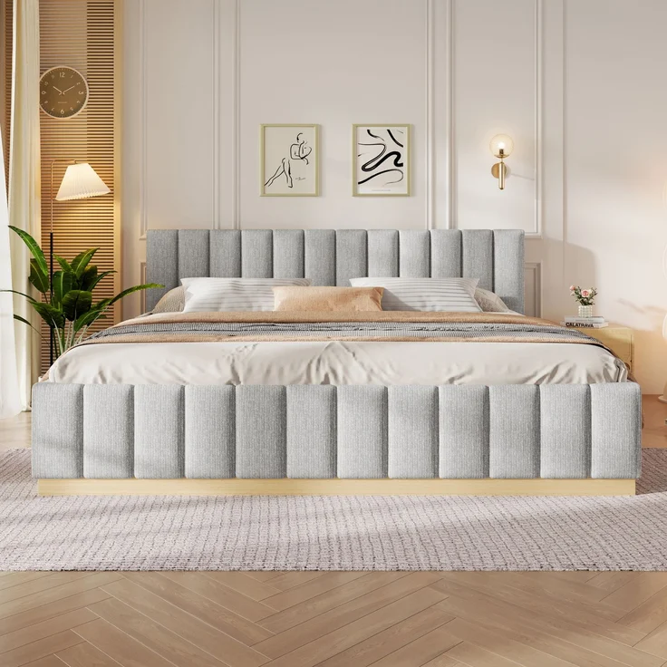 Polsterbett, Doppelbett, 180 x 200 cm, Bett mit Lattenrost, Kopfteil,Gepolstertes Kopfteil, Ohne Matratze, Grau Chenille – Bild 3