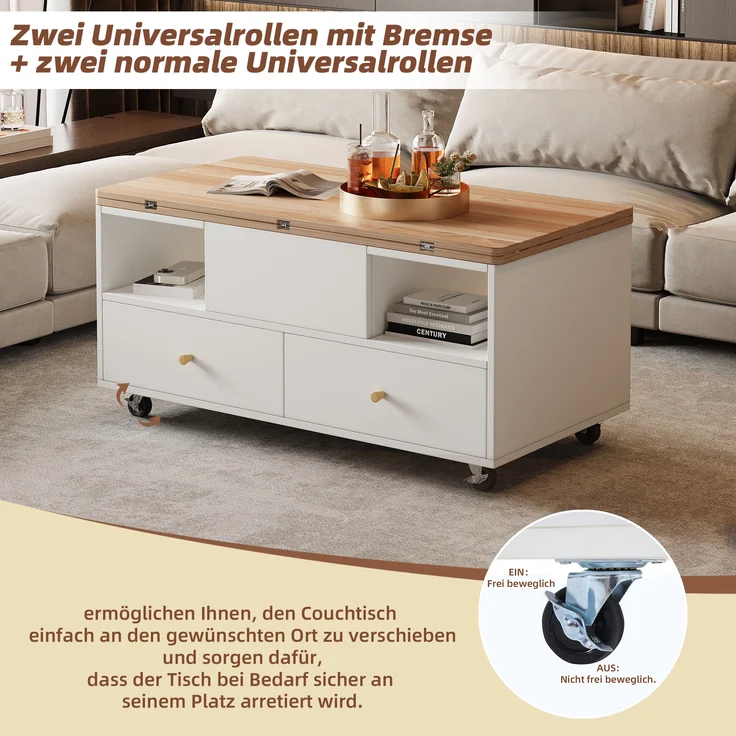 Höhenverstellbarer Couchtisch aus MDF mit 4 Schubladen, Klappfunktion & Rollen, 100x50x47,5-62 cm, Naturholz/Weiß – Bild 6
