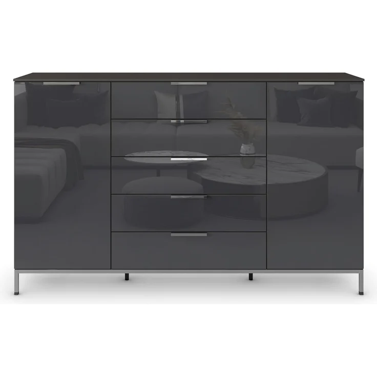 Rauch Möbel Flipp, Nachttisch für Schlafzimmer, Flur, Garderobe, 2-türig, 5 Schubladen, mit Softclose-Funktion, Griffe und Metallkufe Chrom, Farbe Glas Basalt, Schwarz, Breite 180 cm – Bild 5