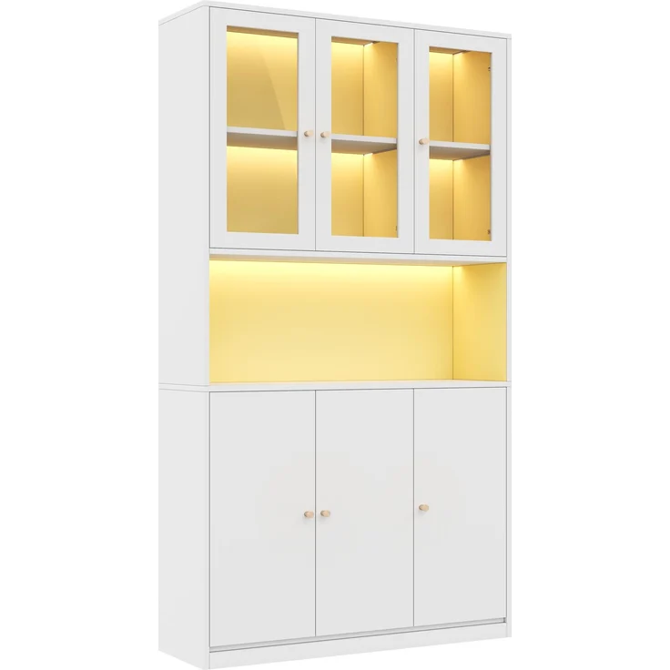 ZUBALIYA Bücherschrank 100×35×200 cm mit Glastüren und LED-Beleuchtung – Standregal mit Vitrine, offenem Fach und 3 Türen, Aktenschrank für Ordner und Bücher, Weiß – Bild 7