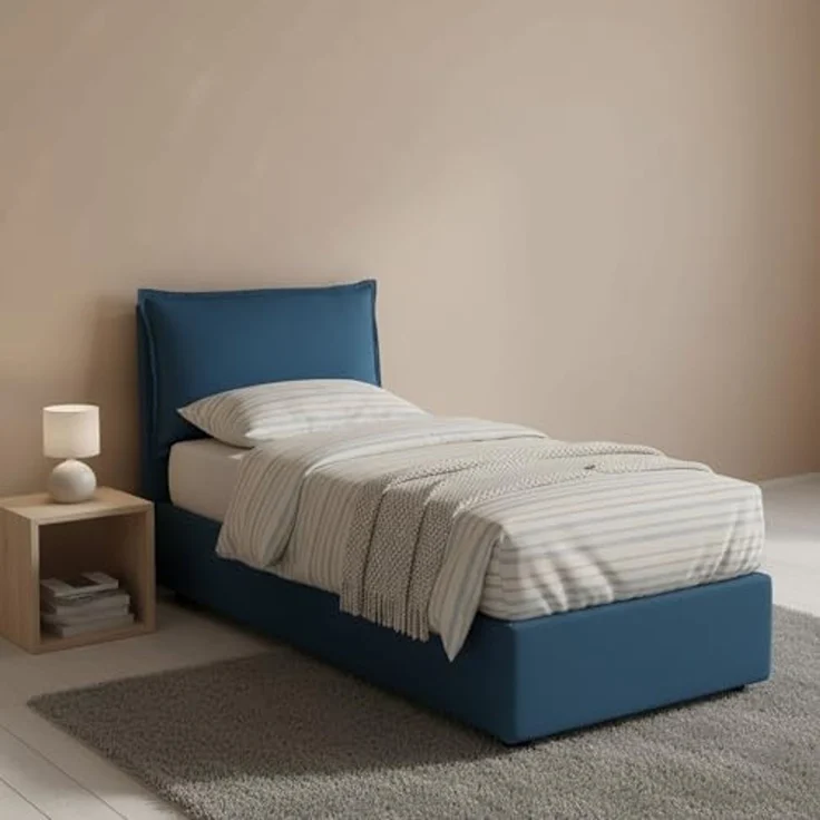 Talamo Italia - Roberta Einzelbett, Bettkasten mit Stoffbezug, 100 % Made in Italy, seitliche Öffnung, inklusive Matratze 80x190 cm, Blau – Bild 1