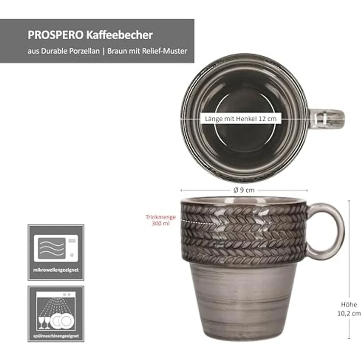 MÄSER Becher Mäser Prospero 6x Kaffeebecher 290ml braun Porzellantassen Tee Relief, Porzellan – Bild 6